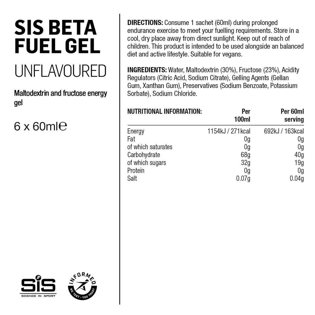 SIS BETA Fuel Gel Energético 6x60ml Sabor Neutro #2