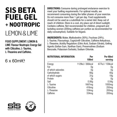 SIS BETA Fuel Gel Energético/Nootrópicos 6x60ml Limón/Lima #2
