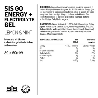 SIS GO Gel Energético/Electrolitos 60ml Limón/Menta #2