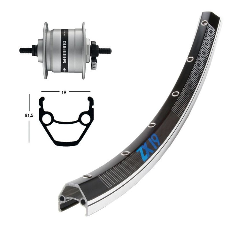 Rueda Delantera Exal ZX19 Eje Macizo Buje Dinamo Shimano DH3N30 Negro/Plata